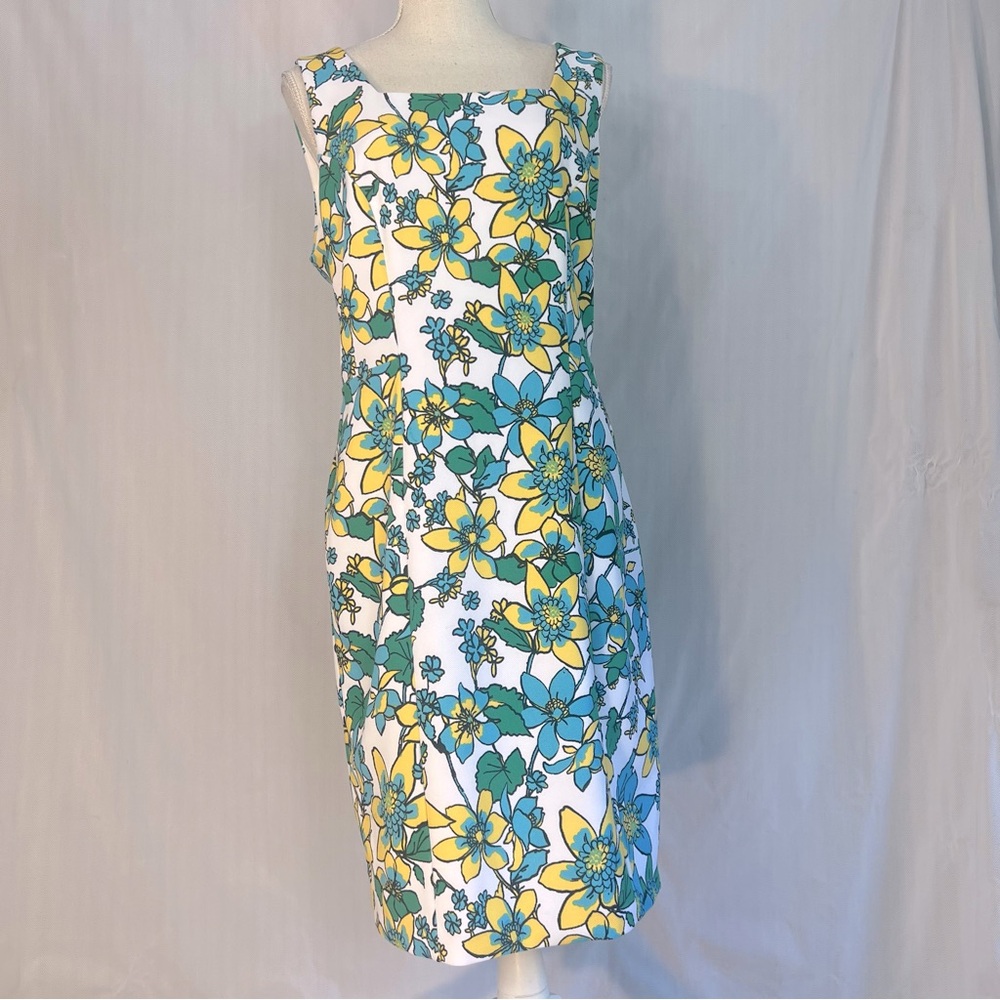 Pappagallo Vintage Dress Blue Green & Yellow Floral  Sleeveless Cut Out Back 12👍